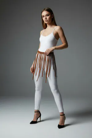 Tan faux leather waist harness with draping silver O-ring chains