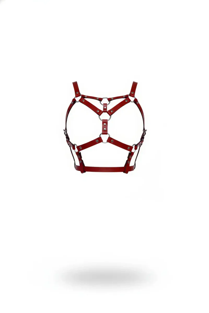 Red Faux Leather Caged Harness Bra Front View Adjustable Straps