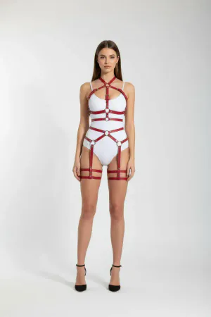 Red Faux Leather Full Body Harness Women O-Ring Garter Straps