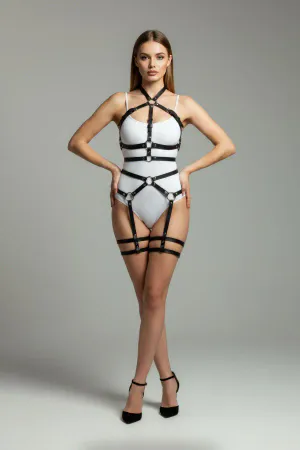 Black Vegan Leather Full Body Harness with O-Rings Adjustable Straps