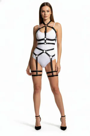 Black Vegan Leather Full Body Harness with O-Rings Adjustable Straps
