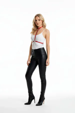 Red Faux Leather Chest Harness with Choker and Draping Silver Chains