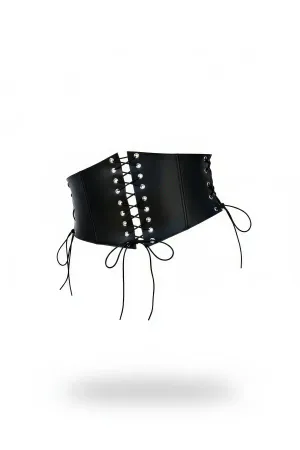 Black Faux Leather Lace-Up Waspie Corset Belt with Silver Grommets