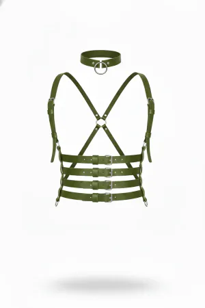 Khaki Vegan Leather Multi-Buckle Chest Body Harness with Choker and Silver Hardware