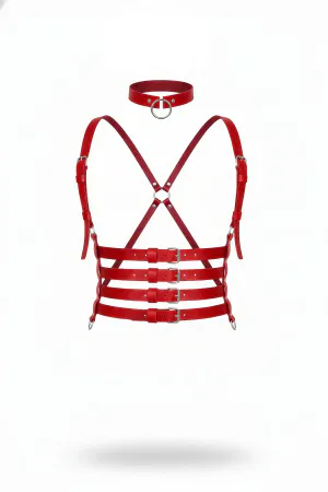 Red Faux Leather Caged Chest Harness Set with O-Ring Choker