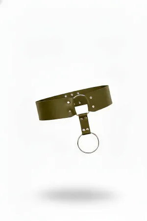 Khaki Vegan Leather Waist Harness Silver O-Ring Wide Belt