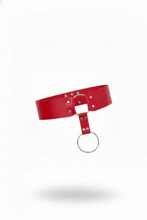 Red Faux Leather O-Ring Waist Belt with Silver Studs