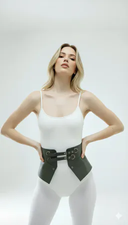 Dark Grey Faux Leather Waspie Waist Belt with Dual Buckles and O-Rings, front view