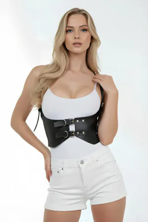 Black Faux Leather Underbust Waist Cincher Harness with Studs