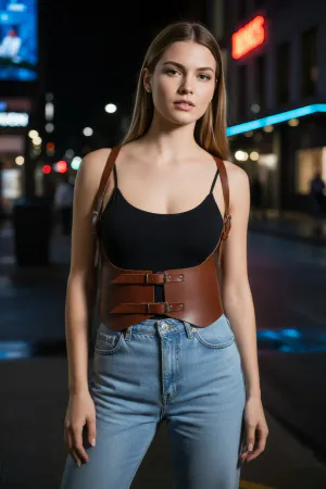 Tan Faux Leather Underbust Waist Harness Women Double Buckle Front View