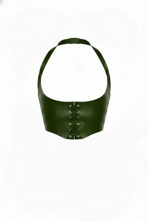 Dark Olive Faux Leather Halter Underbust Corset Harness with Lace-Up Front