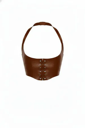 Brown Faux Leather Halter Neck Corset Top Lace-Up Detail