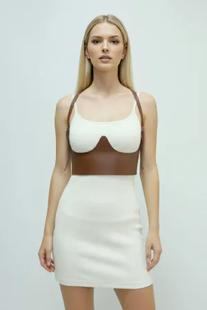 Tan Faux Leather Underbust Harness with Sculpted Cups for Women