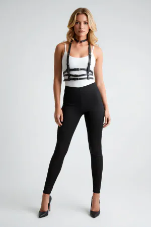 Black Faux Leather Multi-Strap Chest Harness with Choker and Silver Buckles