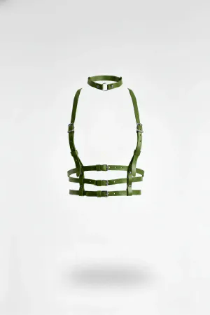 Olive Green Faux Leather Underbust Harness Choker Set with Buckles