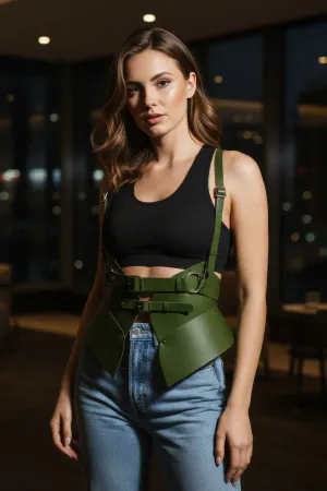 Olive Green Faux Leather Structured Waist Harness Women Adjustable Straps