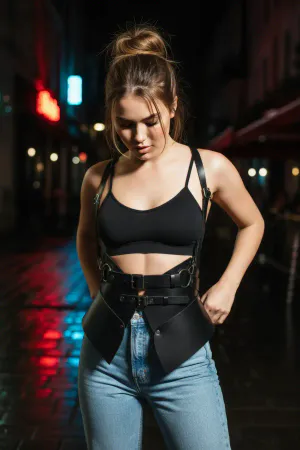 Black Faux Leather Underbust Peplum Waist Harness Adjustable Shoulder Straps