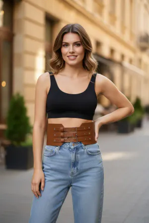 Tan Faux Leather Waspie Waist Belt with Three Buckles