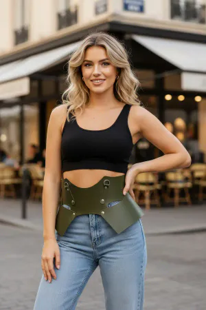 Olive Vegan Leather Underbust Waist Cincher Flared Peplum Detail