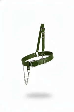 Olive Green Vegan Leather Single Shoulder Harness with Chain Detail