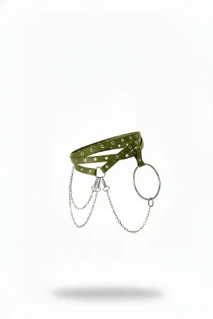 Olive Green Faux Leather Waist Harness with Silver Grommets and Draped Chains
