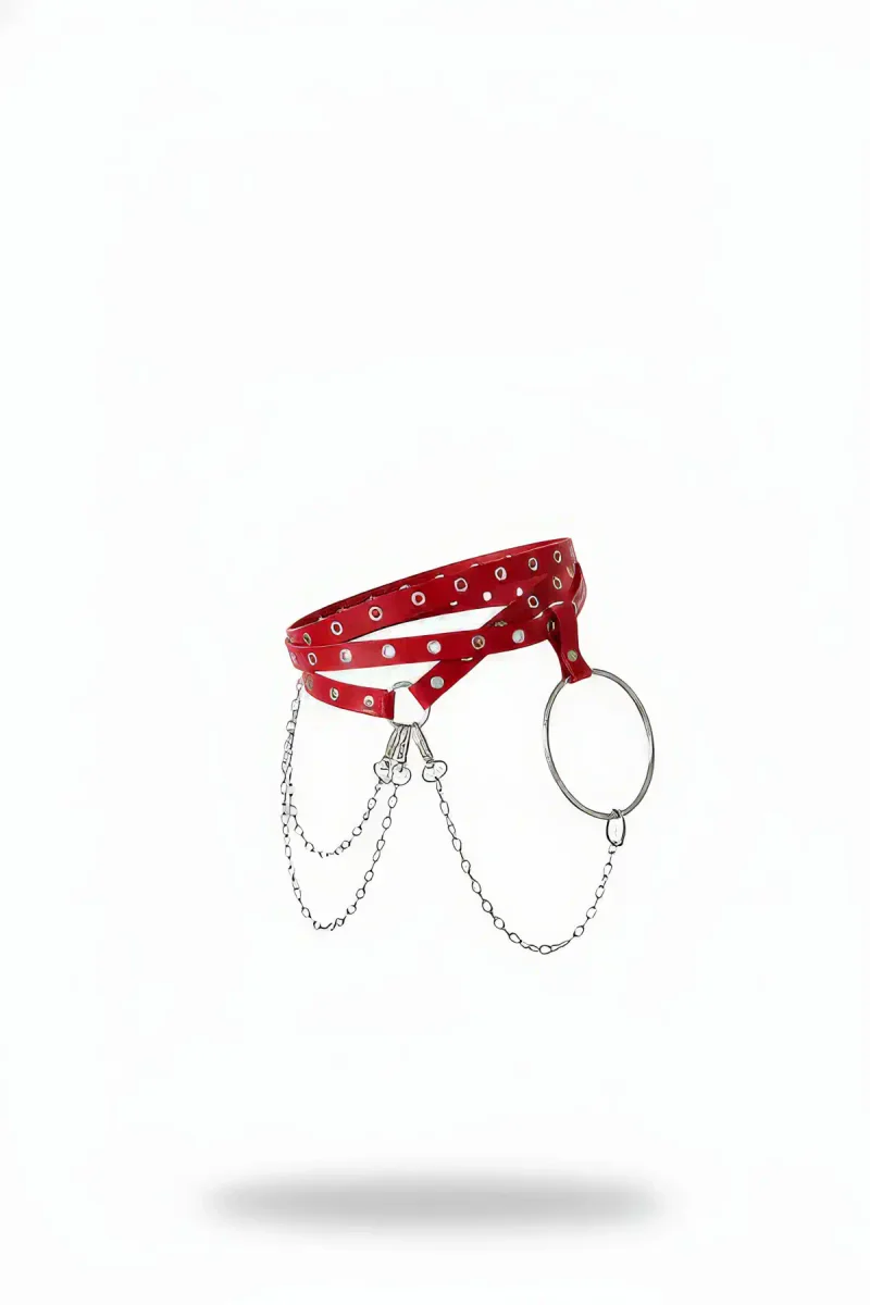 Red Faux Leather Studded Waist Harness with O-Ring and Draped Chains