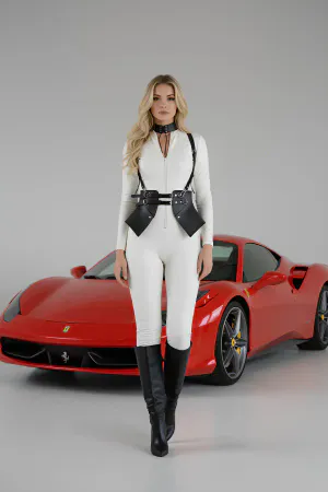 Black Faux Leather Peplum Harness with Structured Waist Belt and Choker