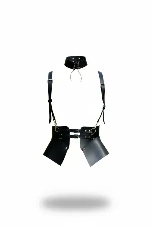 Black Faux Leather Choker Harness with Detachable Skirt Panels and Waist Belt