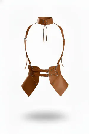 Tan Faux Leather Underbust Harness Corset with High Neck Choker