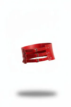 Red Faux Leather Waspie Waist Harness with Three Buckles
