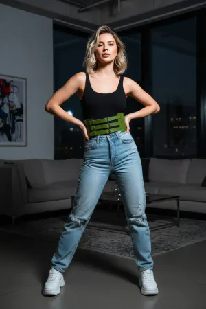 Olive Faux Leather Triple Buckle Waist Cincher Harness Belt, worn over light wash jeans
