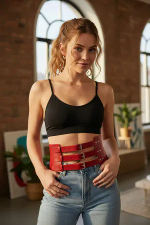 Red Faux Leather Triple Buckle Waist Belt Fashion Accessory for Women