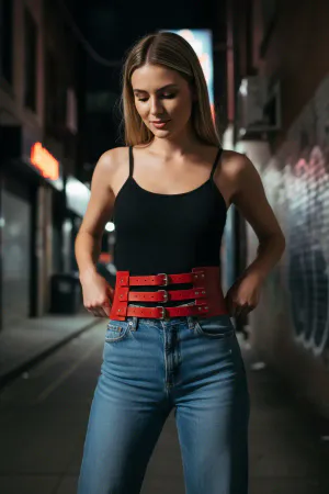 Red Faux Leather Triple Buckle Waist Belt Fashion Accessory for Women
