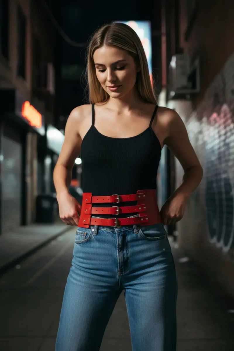 Red Wide Waist Belt Close-Up of