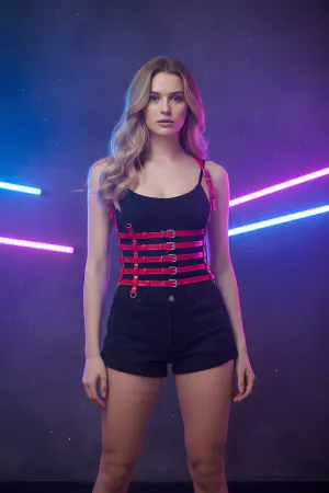 Red Faux Leather Multi-Strap Corset Body Harness with Detachable Chain