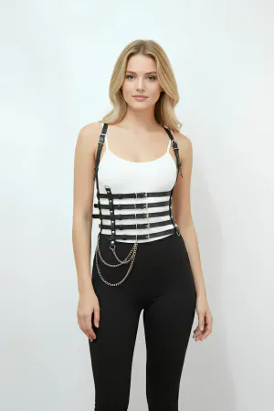 Black Faux Leather Multi-Strap Waist Harness with Detachable Chain Front View