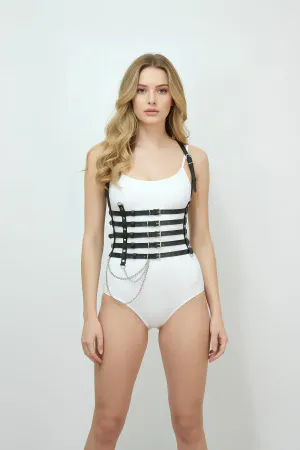Black Faux Leather Multi-Strap Waist Harness with Detachable Chain Front View