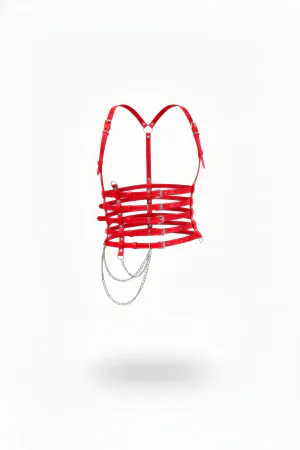 Red Faux Leather Multi-Strap Body Harness with Cascading Silver Chains