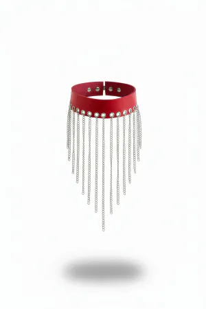 Red faux leather choker with dangling silver chain fringe