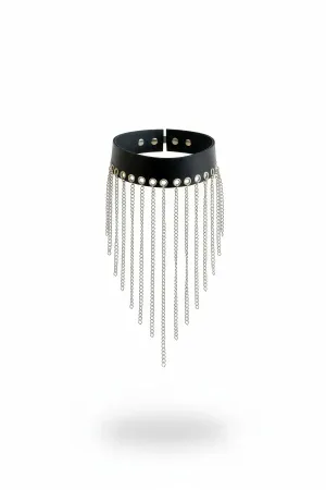 Black faux leather choker with silver chain fringe