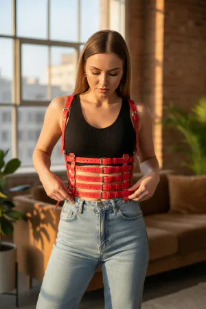 Red Faux Leather Caged Body Harness Women Multi-Buckle Straps