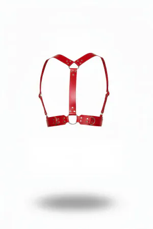 Red Vegan Leather Shoulder Harness with Silver O-Ring and Adjustable Straps
