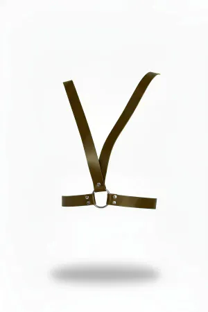 Olive Faux Leather Chest Harness with Silver O-Ring Detail