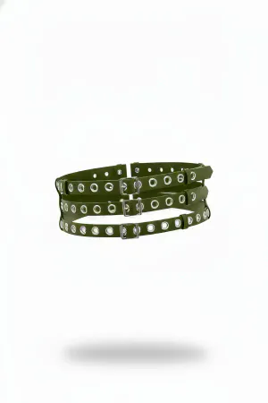 Olive Green Faux Leather Triple Strap Eyelet Waist Harness Belt with Silver Buckles