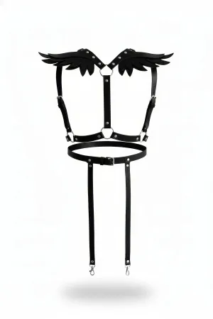 Black Faux Leather Winged Body Harness with Detachable Garter Straps