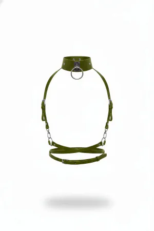 Olive Green Faux Leather Neck-to-Waist Harness with Studded Choker and O-Ring