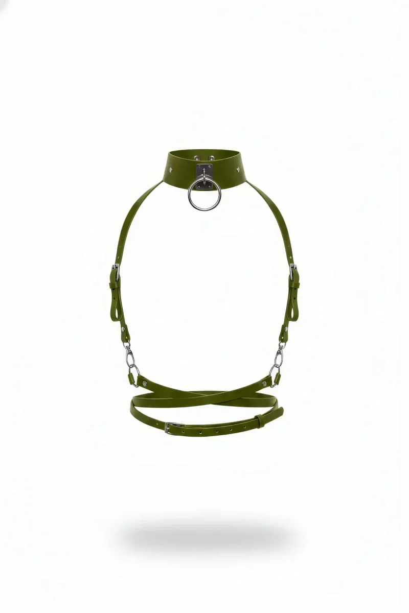 Olive Green Faux Leather Neck-to-Waist Harness with Studded Choker and O-Ring