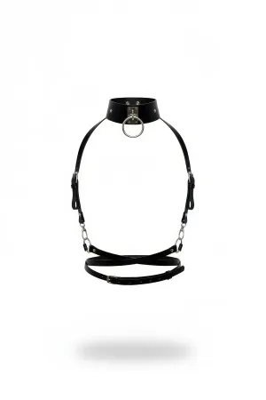 Black Faux Leather O-Ring Choker Harness with Silver Chains and Waist Straps