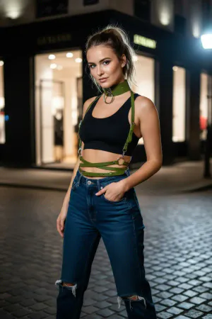 Olive Vegan Leather Body Harness with O-Ring Choker and Crisscross Waist Straps