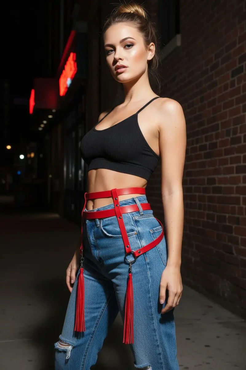 Red Vegan Leather Harness Outfit Front
